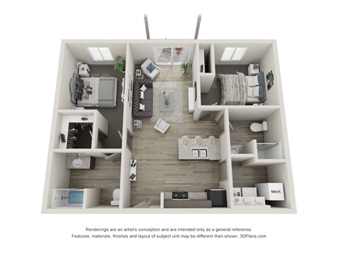 Floor plan for 2 beds, 2 baths, 937 sqft